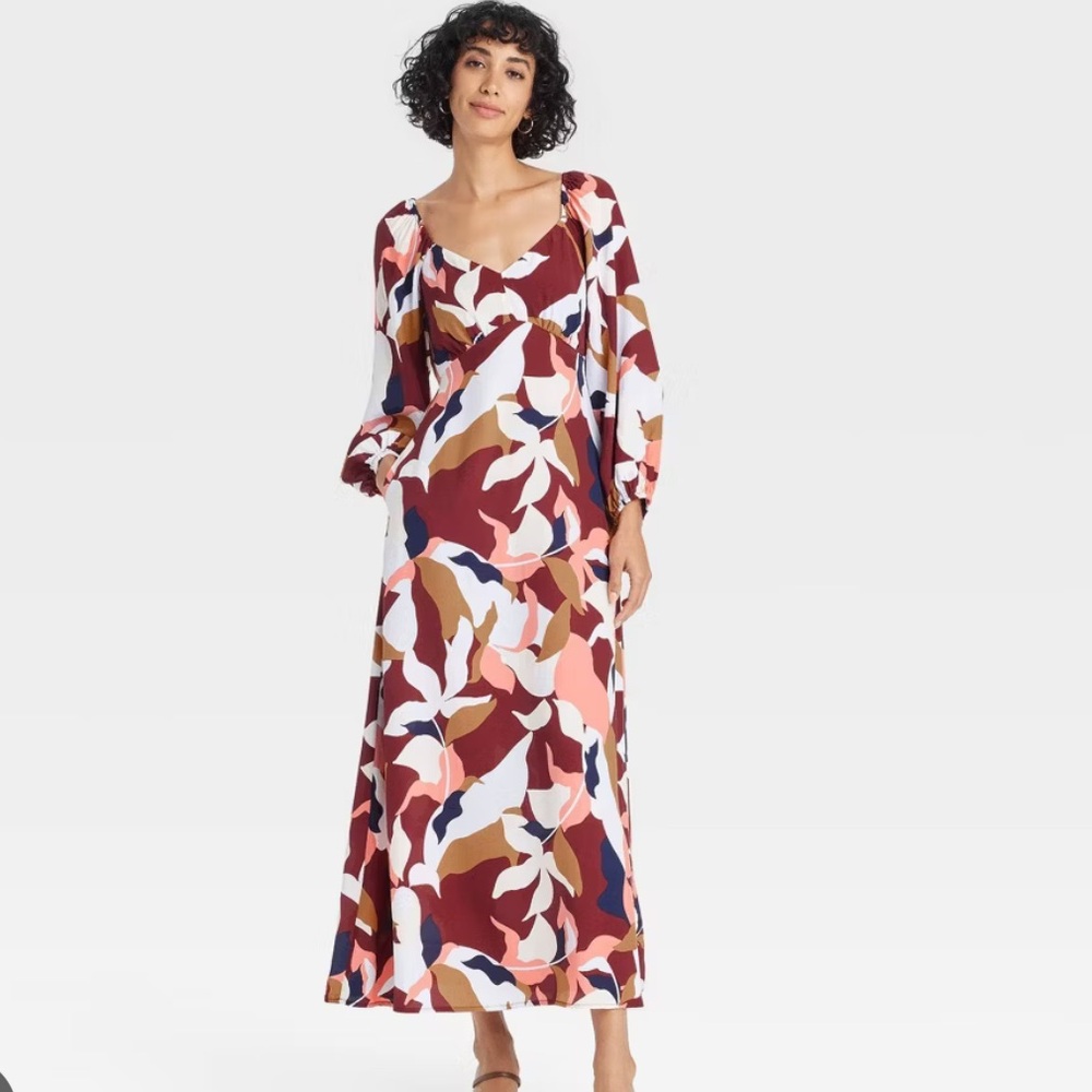 a new day multicolor sky blue, navy blue, brown and maroon Long Sleeve Sundress